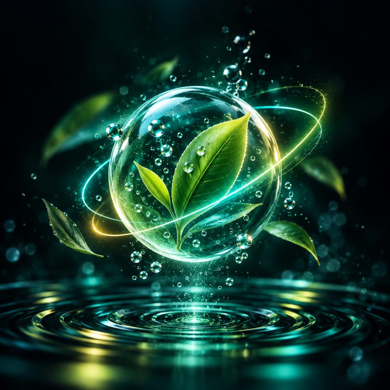 Green tea leaf inside a glowing bubble